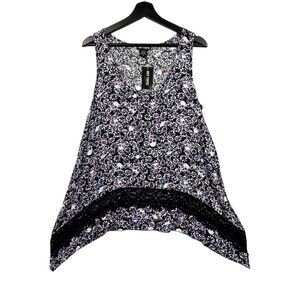 Hot Topic Purple Skull Floral Tank Top Lace Trim Scoop Neck Sharkbite Size L NWT